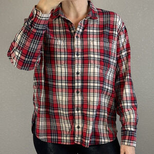 Madewell Oversized Ex-Boyfriend Button Front Flannel Shirt Top Size L Red Plaid